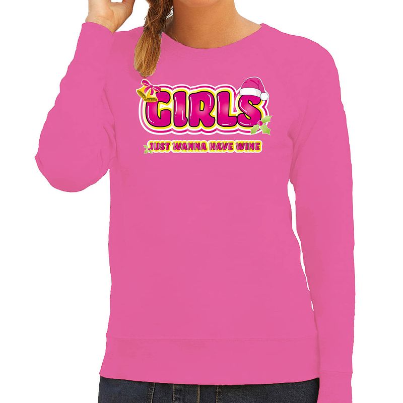 Foto van Bellatio decorations foute kersttrui/sweater voor dames - girls just wanna have wine - roze xs - kerst truien