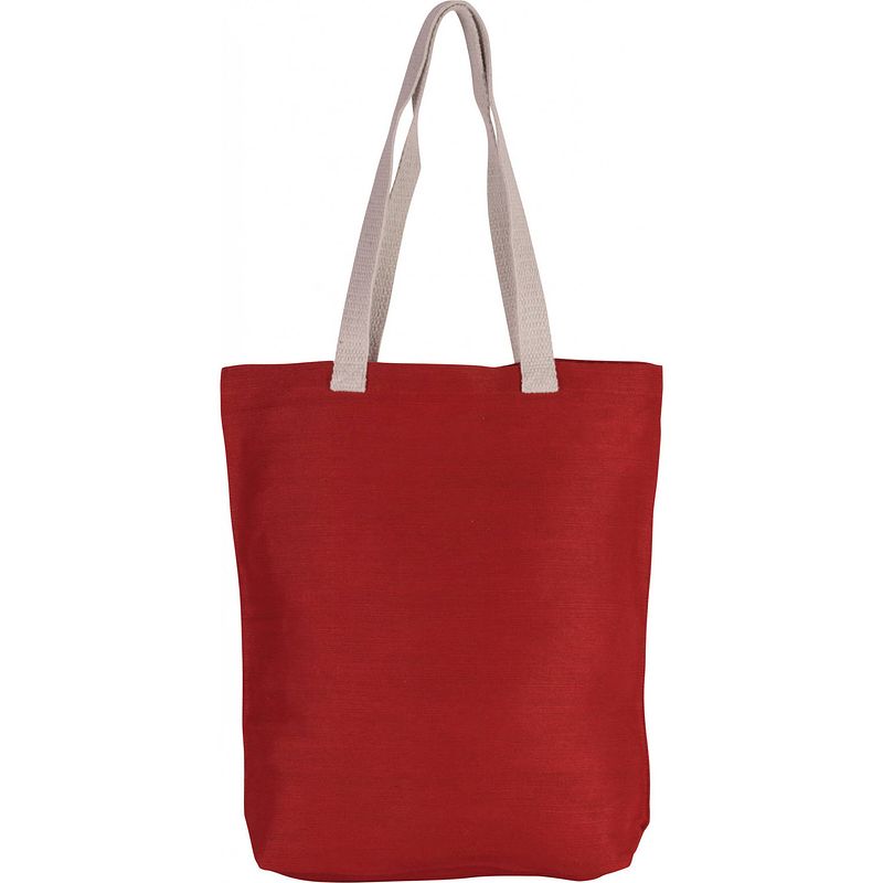 Foto van Katoenen schoudertasje in het rood met ecru hangsels 38 x 42 cm - schoudertas