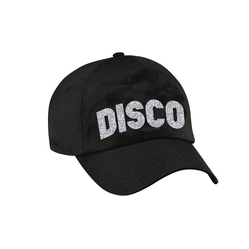 Foto van Disco pet / cap zwart met zilveren letters voor dames en heren - verkleedhoofddeksels