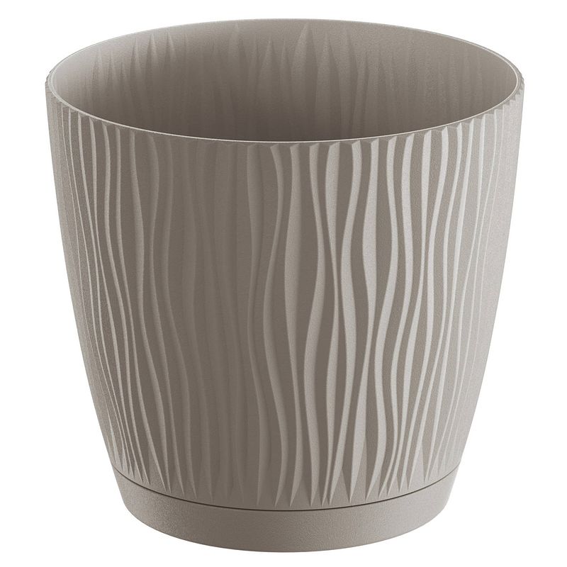 Foto van Stijlvolle kunststof plantenpot/bloempot dia 19 cm/hoogte 17.5 cm waves taupe - plantenpotten