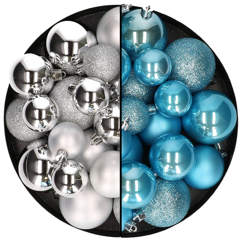 Foto van Kerstballen 60x stuks - mix zilver/ijsblauw - 4-5-6 cm - kunststof - kerstbal