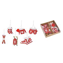 Foto van 6x stuks houten kersthangers rood/wit wintersport thema kerstboomversiering - kersthangers