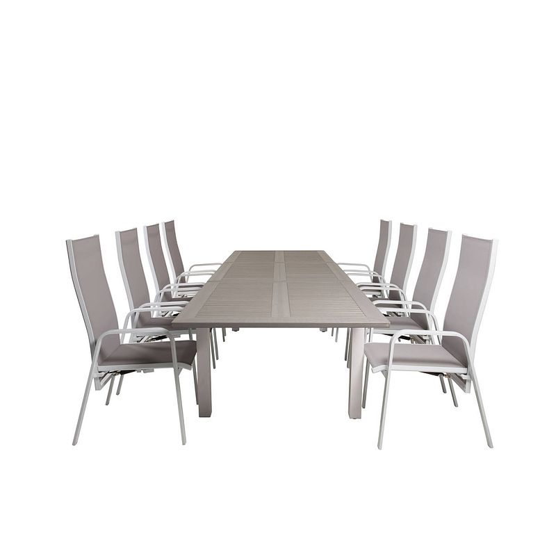 Foto van Albany tuinmeubelset tafel 100x224/324cm en 8 stoel rec copacabana wit, grijs.