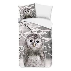 Foto van Good morning owl flanel dekbedovertrek - 1-persoons (140x200/220 cm + 1 sloop) - flanel - grijs