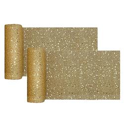 Foto van Tafelloper op rol - 2x - goud glitter - smal 18 x 500 cm - polyester - feesttafelkleden