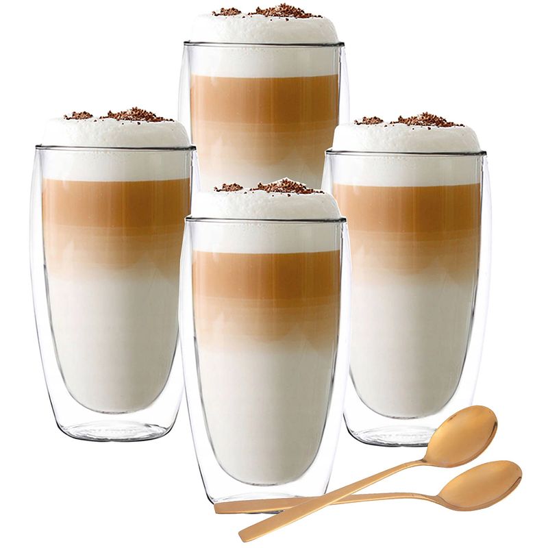 Foto van Luxe latte macchiato glazen dubbelwandig - koffieglazen - cappuccino glazen - gratis lepels - 380 ml - set van 4