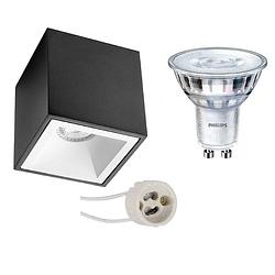 Foto van Opbouwspot set - pragmi cliron pro - gu10 fitting - opbouw vierkant - mat zwart/wit - verdiept - 90mm - philips -