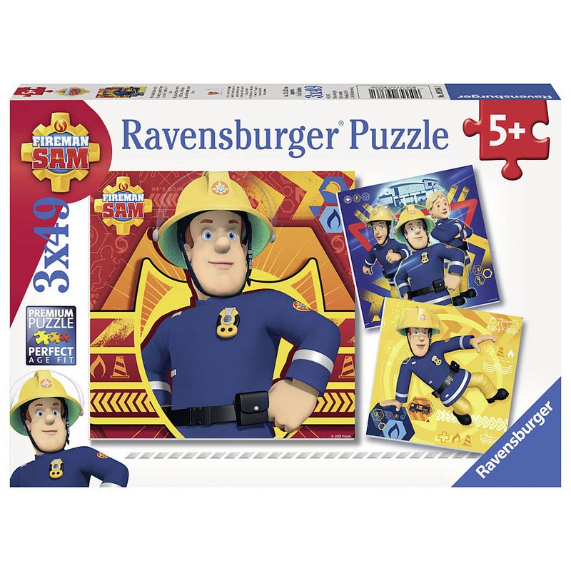 Foto van Ravensburger puzzel brandweerman sam bij gevaar roepen - 3 x 49 stukjes