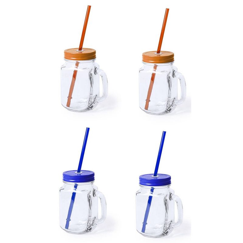 Foto van Set van 4x glazen drinkbekers dop/rietje 500 ml blauw/oranje - drinkbekers