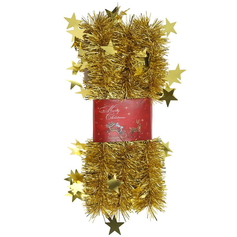 Foto van 1x stuks lametta kerstslingers met sterretjes goud 200 x 6,5 cm - kerstslingers