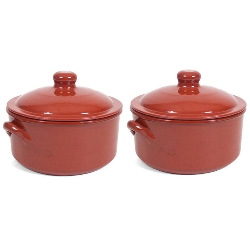 Foto van 2x terracotta stoofpotten/ovenschalen met deksel 25 cm - braadpannen