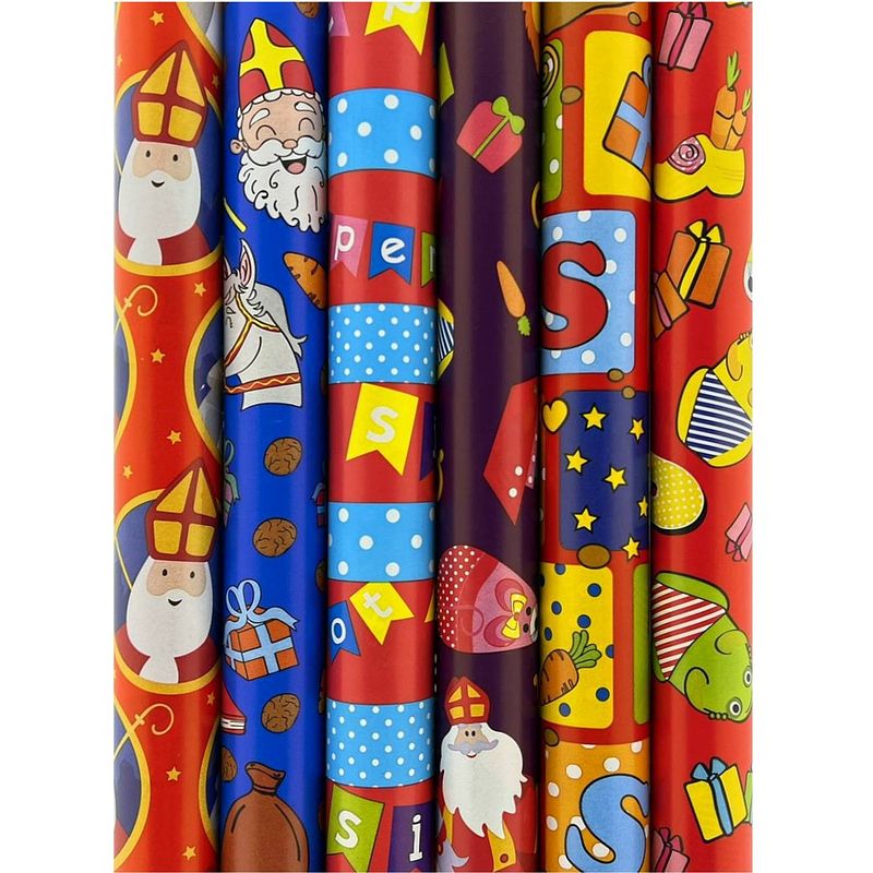 Foto van 12 rollen xxl sinterklaas cadeaupapier inpakpapier - 3 meter x 70 cm