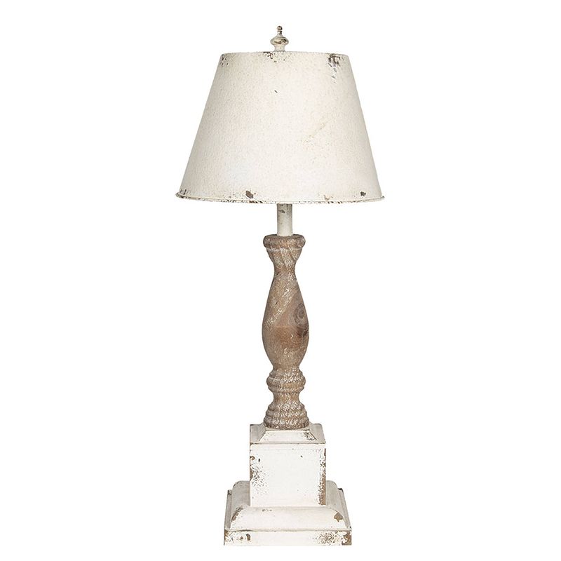 Foto van Haes deco - tafellamp - shabby chic -vintage / retro lamp, ø 30x76 cm - wit/bruin - bureaulamp, sfeerlamp, nachtlampje