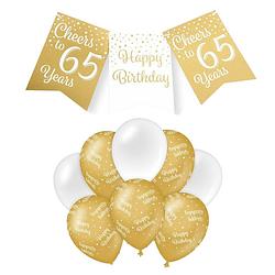 Foto van Paperdreams luxe 65 jaar feestversiering set - ballonnen & vlaggenlijnen - wit/goud - feestpakketten
