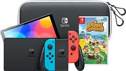 Foto van Nintendo switch oled rood/blauw + animal crossing new horizons + hoesje