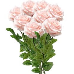 Foto van Emerald kunstbloemen boeket roos marleen - 8x - licht roze - 63 cm - decoratie bloemen - kunstbloemen