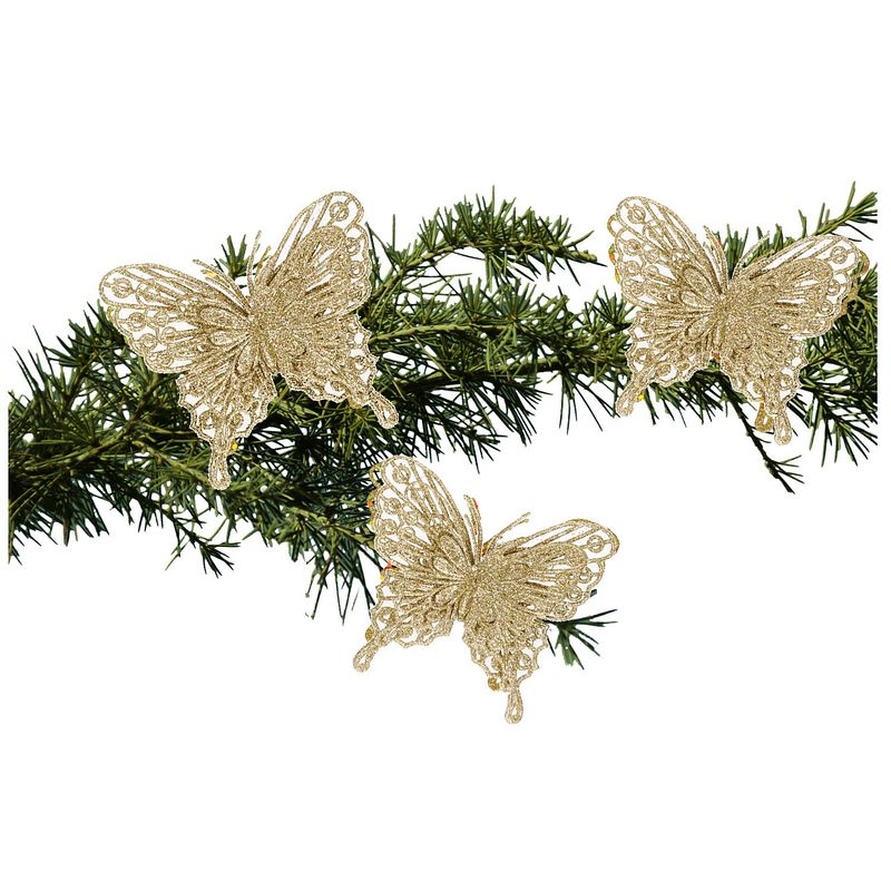 Foto van 3x stuks kerstboom vlinders op clip glitter goud 11 cm - kersthangers