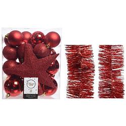 Foto van Kerstversiering kerstballen 5-6-8 cm met ster piek en folieslingers pakket rood van 35x stuks - kerstbal