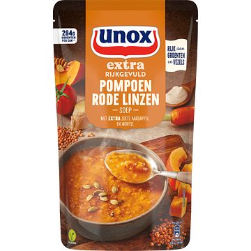 Foto van 2 zakken soep a 570 ml, pakken cupasoup a 3 stuks of single verpakkingen noodles of pasta | unox extra rijkgevuld soep in zak pompoen rode linzen 570ml aanbieding bij jumbo