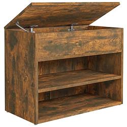 Foto van The living store opbergbank gerookt eiken - schoenenbank met schappen en kist - 60 x 30 x 45 cm - bewerkt hout