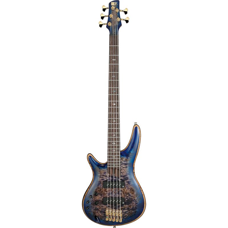 Foto van Ibanez sr2605l premium cerulean blue burst linkshandige 5-snarige elektrische basgitaar met gigbag