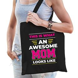 Foto van Awesome mom / geweldige moeder katoenen tas - zwart - 42 x 38 cm - feest boodschappentassen