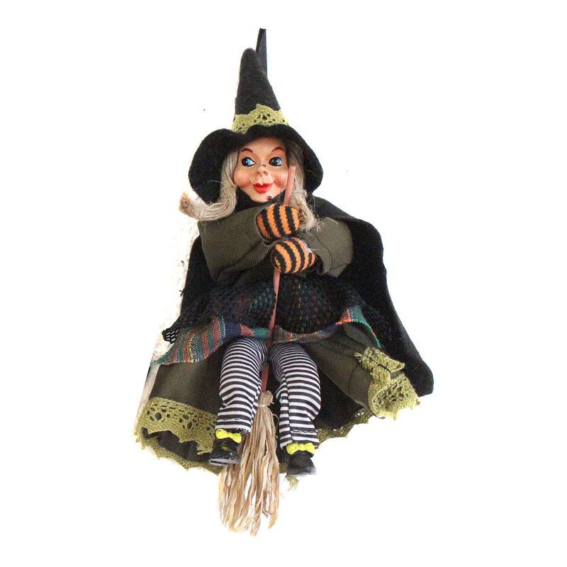 Foto van Halloween decoratie heksen pop op bezem - 20 cm - zwart/groen - halloween poppen