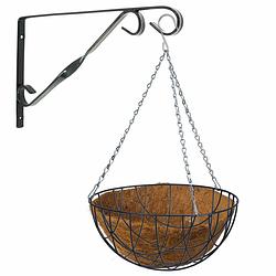 Foto van Hanging basket met klassieke muurhaak grijs en kokos inlegvel - metaal - complete hanging basket set - plantenbakken