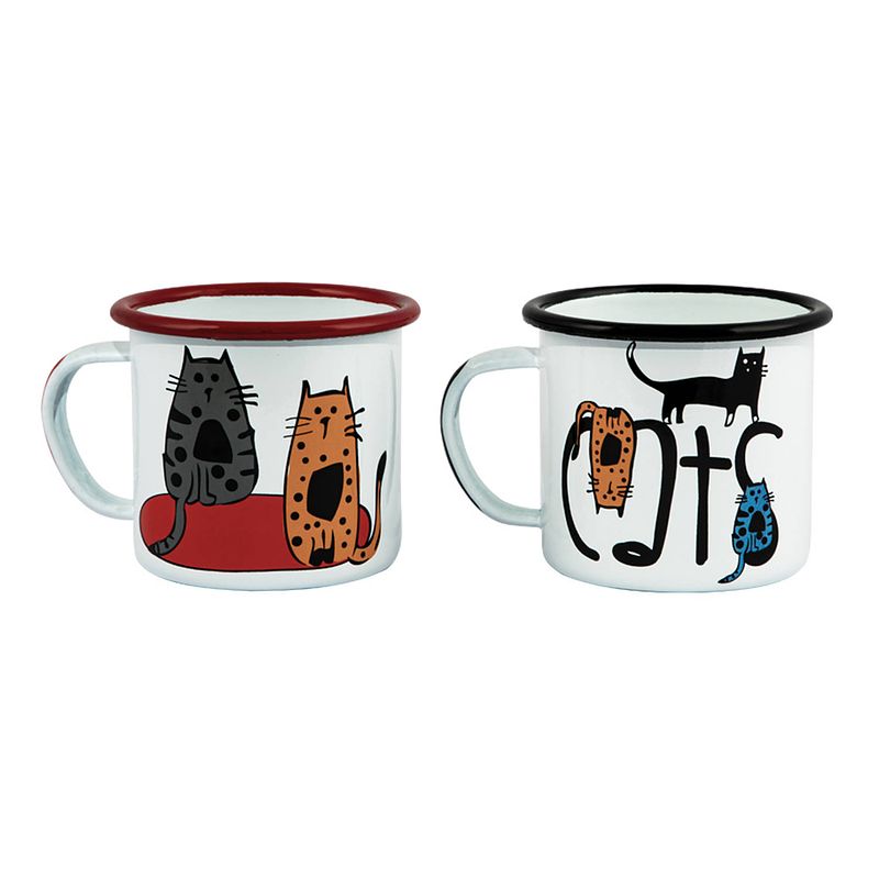 Foto van Biggdesign cats emaille beker - emaille mok set - koffiebeker - koffiemok - 2 stuks - 350ml