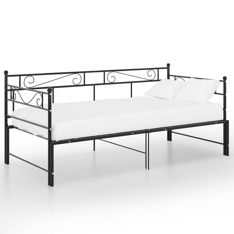 Foto van The living store bedbank name - bedbanken - 206.5x185x89.5cm - zwart metaal - inclusief zijplank - stevige constructie