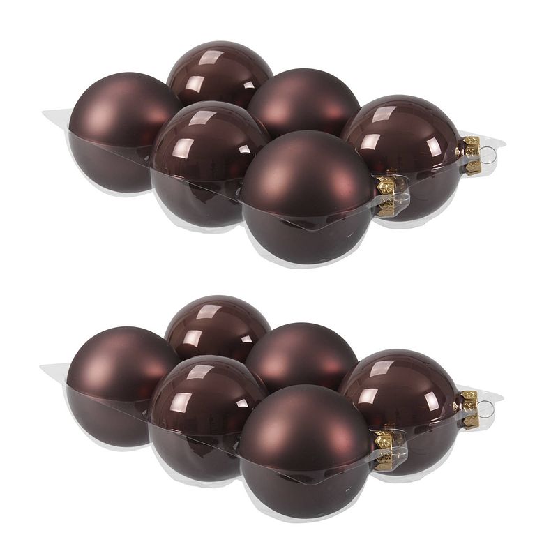 Foto van 12x stuks glazen kerstballen donkerbruin (chestnut) 8 cm mat/glans - kerstbal