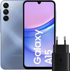 Foto van Samsung galaxy a15 128gb blauw 4g + samsung oplader 25 watt zwart