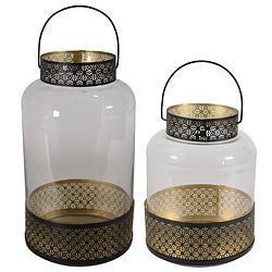 Foto van Set van 2x lantaarns/windlichten zwart/goud arabische stijl 28 en 37 cm metaal en glas - lantaarns