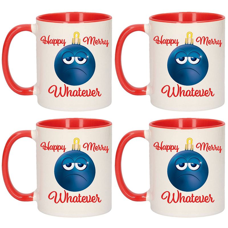 Foto van Set van 4x stuks happy merry whatever kerstcadeau kerstmokken rood smiley kerstbal 300 ml - bekers