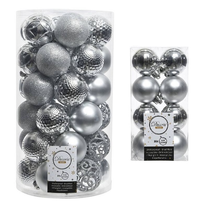 Foto van Kerstversiering kunststof kerstballen zilver 4-6 cm pakket van 53x stuks - kerstbal