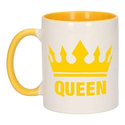 Foto van Cadeau queen mok/ beker geel wit 300 ml - feest mokken