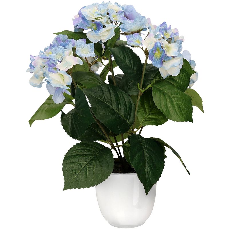 Foto van Hortensia kunstplant/kunstbloemen 40 cm - blauw - in pot wit glans - kunstplanten