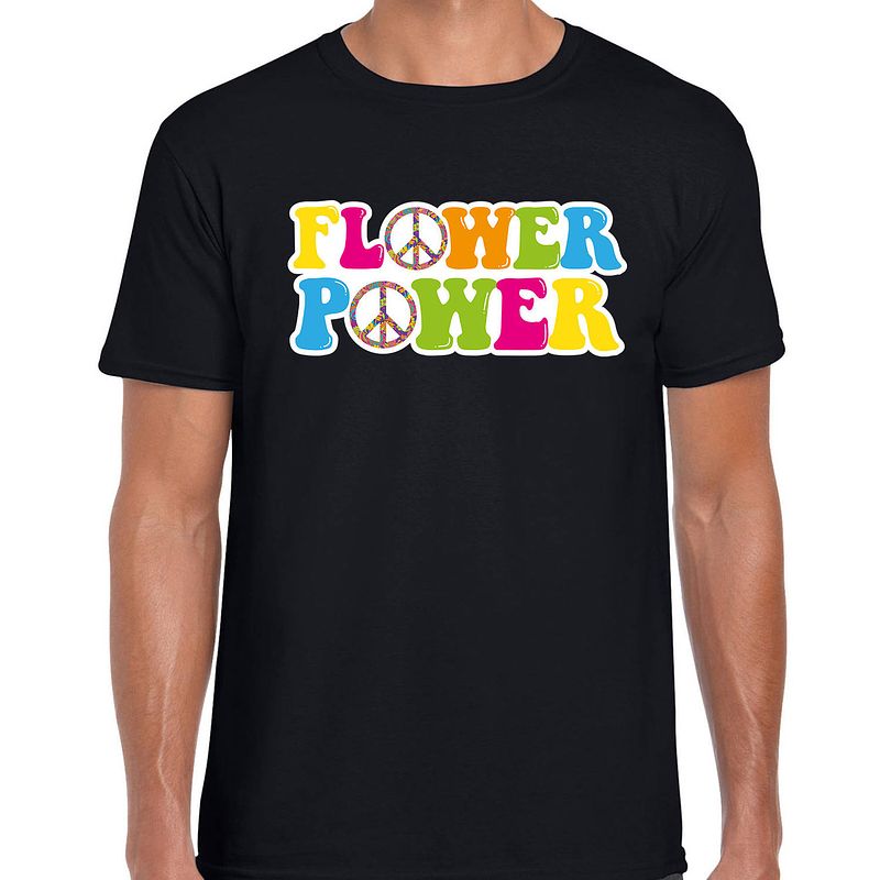 Foto van Toppers jaren 60 flower power verkleed shirt zwart met gekleurde peace tekens heren s - feestshirts