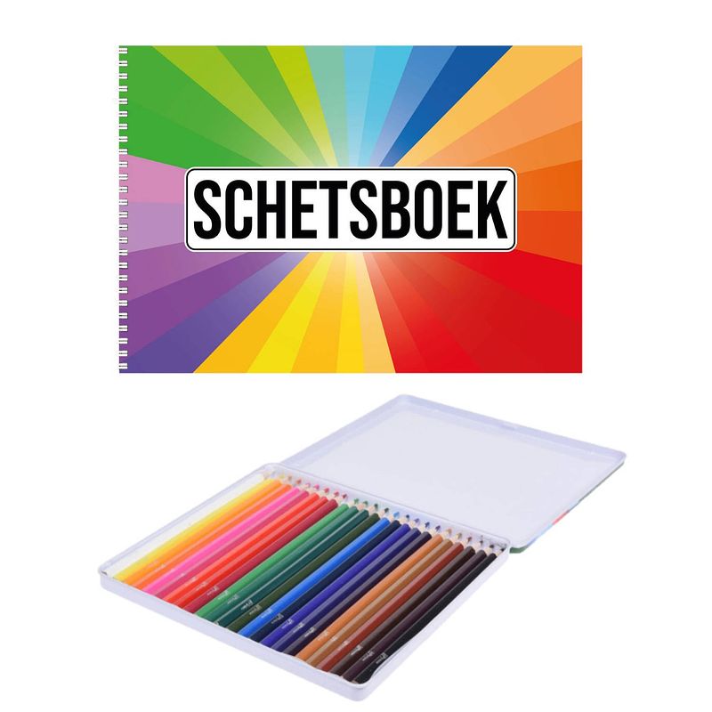 Foto van A4 kleuren waaier schetsboek/ tekenboek/ kleurboek/ schetsblok wit papier met 24 kleurpotloden - schetsboeken