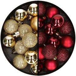 Foto van 34x stuks kunststof kerstballen goud en donkerrood 3 cm - kerstbal