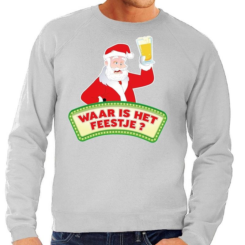 Foto van Foute kersttrui / sweater voor heren - grijs - dronken kerstman met biertje 2xl (56)