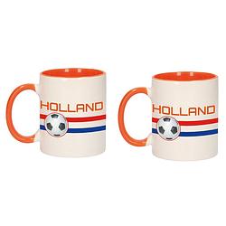 Foto van 2x stuks holland vlag met voetbal mok/ beker oranje wit 300 ml - feest mokken