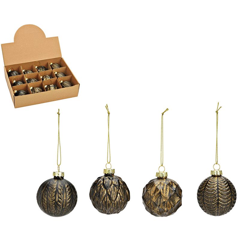 Foto van G. wurm luxe gedecoreerde kerstballen - 12x stuks - zwart / goud - glas - 6 cm - kerstbal