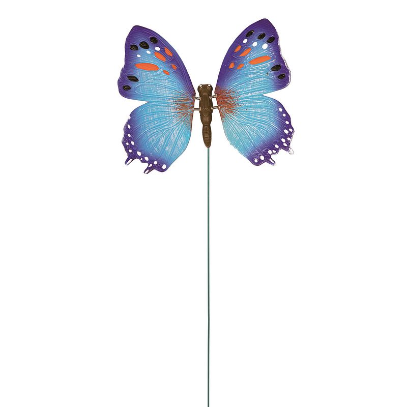 Foto van Metalen vlinder blauw 15 x 60 cm op steker - tuinbeelden