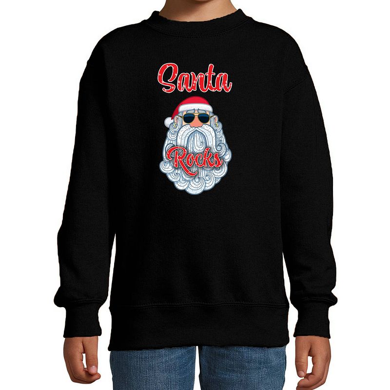 Foto van Bellatio decorations kersttrui/sweater voor kinderen - kerstman - santa rocks - zwart 3-4 jaar (98/104) - kerst truien k