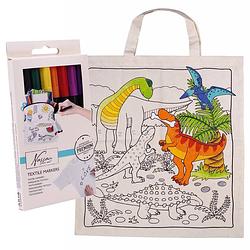 Foto van Inkleurbaar tasje met dinosaurus motief incl 8x textielstiften - katoen - 38 x 42 cm - hobbypakket