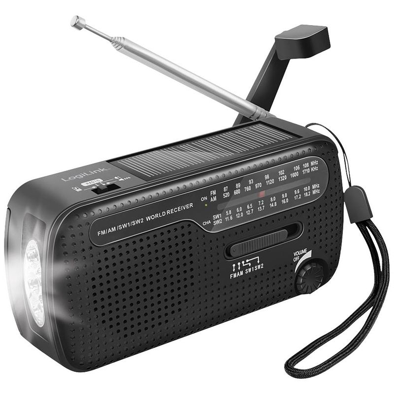 Foto van Logilink sp0061 noodradio fm, am, vhf (fm) noodradio, usb acculaadfunctie, handslinger, powerbankfunctie, zonnepaneel, zaklamp zwart