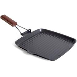 Foto van Zwarte grillpan koekenpan 26 cm met anti-aanbak laag en houten handvat - grilpannen