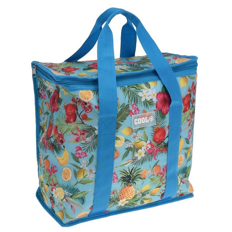 Foto van Medium size koeltas voor lunch tropical flowers blauw/creme 34 x 16 x 36 cm 16 liter - koeltas