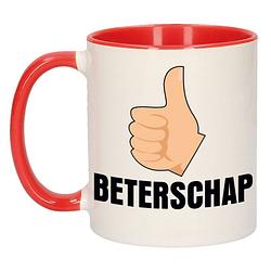 Foto van Beterschap duimpje omhoog cadeau mok / beker rood 300 ml - feest mokken